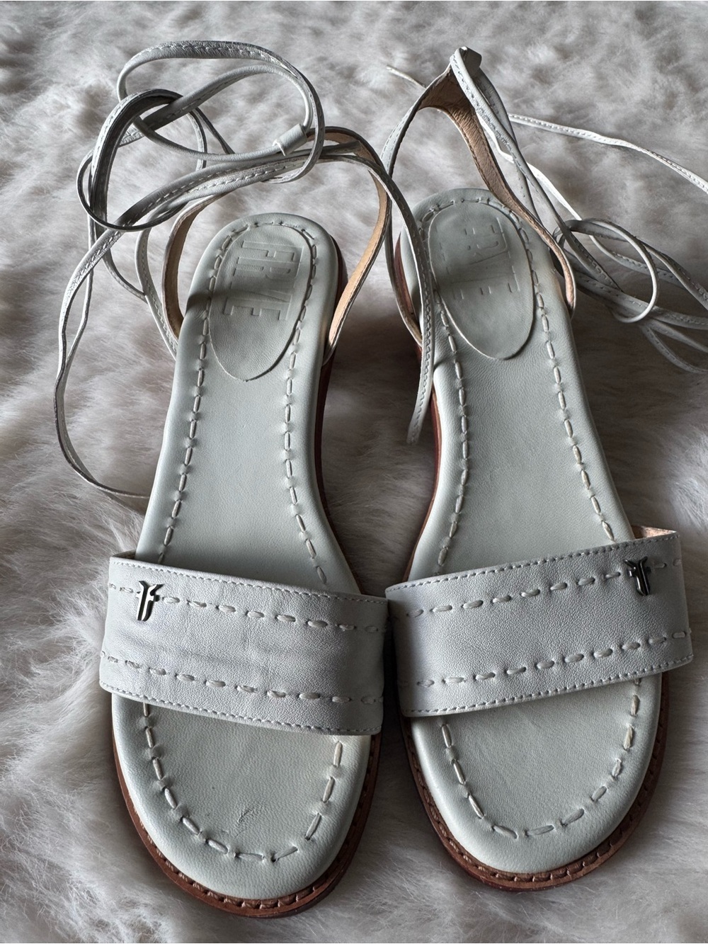 Frye White Lace-Up Flat Sandals with Stitched Front Strap